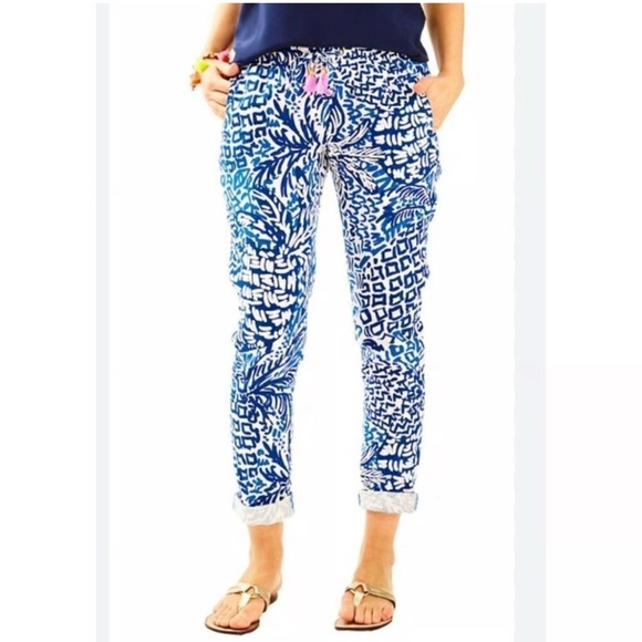 Lilly Pulitzer Aden Linen Pants Women’s XS Blue White Tassels Boho Beach Coastal - Picture 1 of 11
